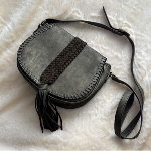 Boho Olive Leather Crossbody Bag with Fringe and Braided Detail
